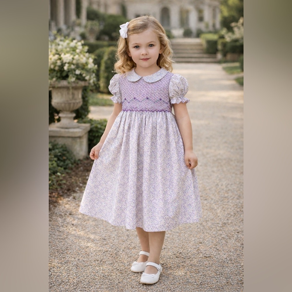 Vintage 90s Francis Johnston for Simi Smocked Floral Violet Dress, 6, MSRP $149